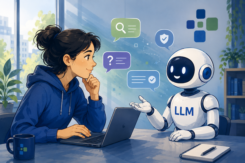 AI-generated image that depicts a dialogue between a human and an LLM